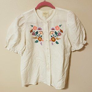 Sezane Linen Embroidered Peasant Blouse